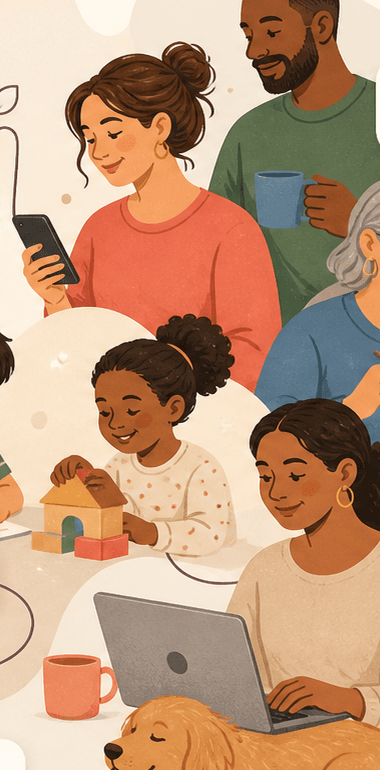 Ilustração de uma família com três gerações — avó, pais e crianças — em casa, cercada por lembretes de cuidado: consulta com o pediatra, horário do medicamento, autorização escolar entregue e um tempo reservado para quem cuida.
